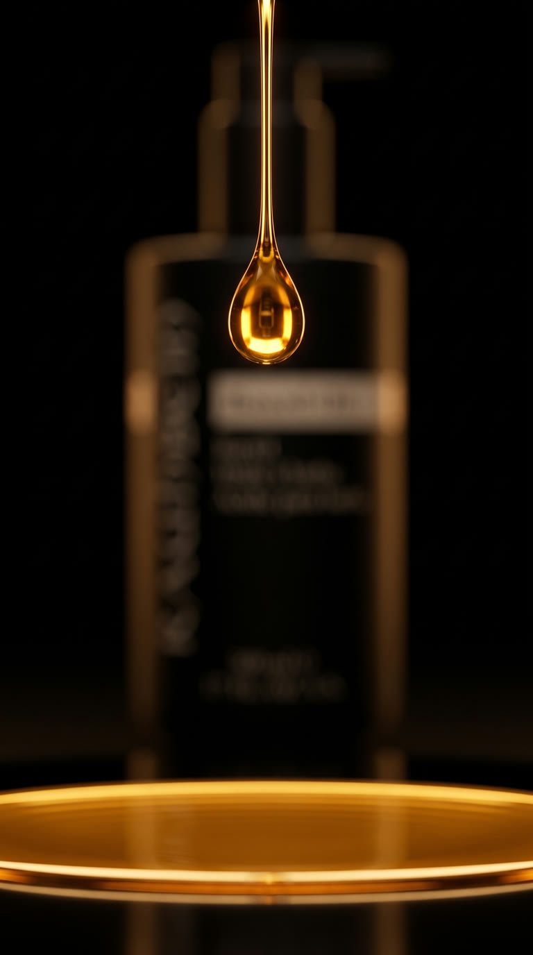 Ein Tropfen Bartöl fällt vor der RAUHBEIN-Flasche in eine goldene Ölfläche.