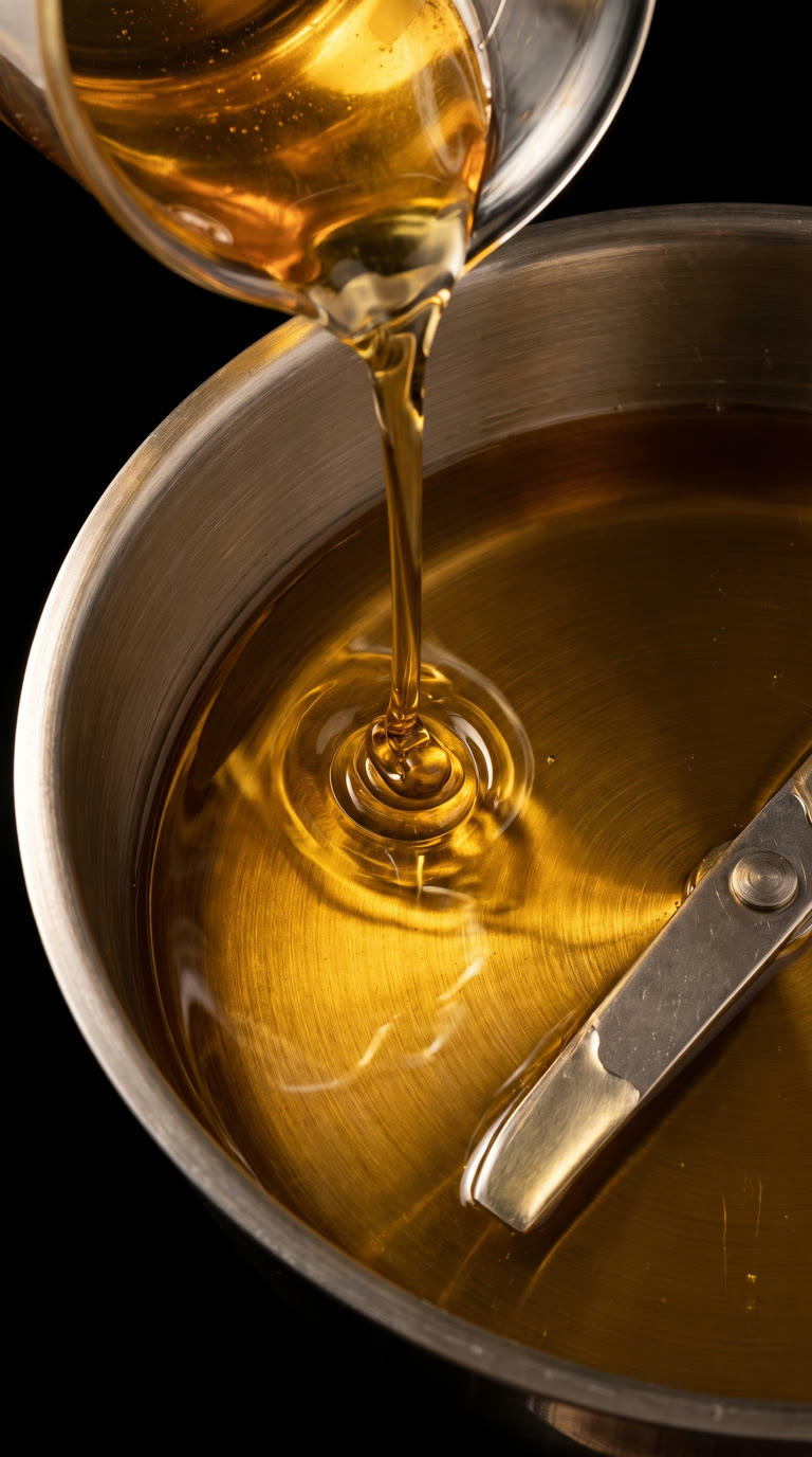 Goldenes Öl fließt aus einem Glas in einen Edelstahlbehälter mit Rührspatel.