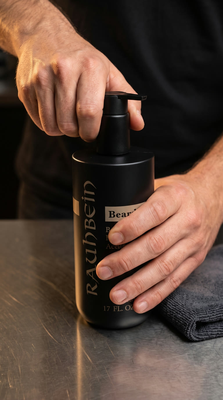 Zwei Hände setzen den Pumpkopf auf eine schwarze RAUHBEIN-Flasche.
