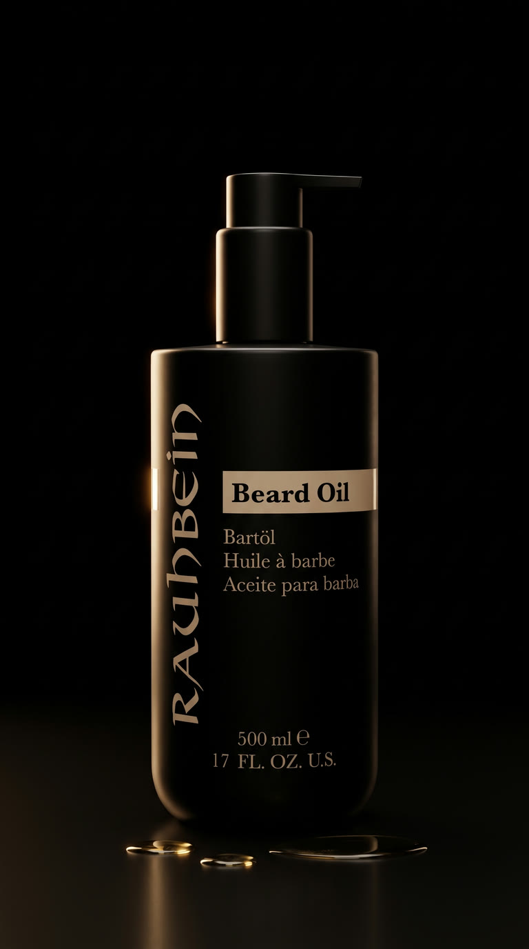 Die RAUHBEIN-Flasche Beard Oil, 500 ml, mit Pumpspender vor schwarzem Hintergrund.